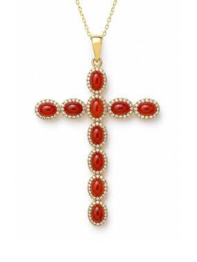Genuine 7.50 Cts Carnelian & W/Sapphire Cross Necklace 14k Gold Plated (.925)